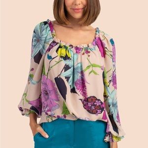 Trina Turk Cream Ruffled 3/4 Sleeve Blouse